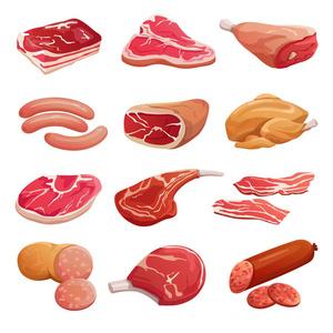 猪肉, 牛肉和羊肉生肉产品和香肠, 干矢量隔离图标照片